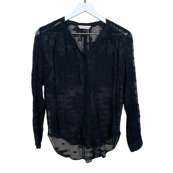 Rebecca Taylor Womens Black Sheer Button Front Silk Textured Blouse size 2 - Picture 1 of 7